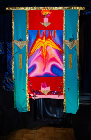 Freebird and a Jeweled Eye Acrylic painting 1ft 5in by 1ft 11in within a tapestry extending    to 2ft 8in by 4ft in